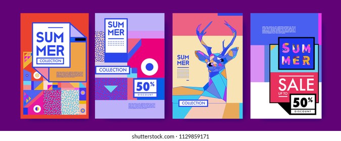 Summer colorful poster design template. Set of summer sale background and illustration. Minimalist design style for summer event poster and banner in eps10. 