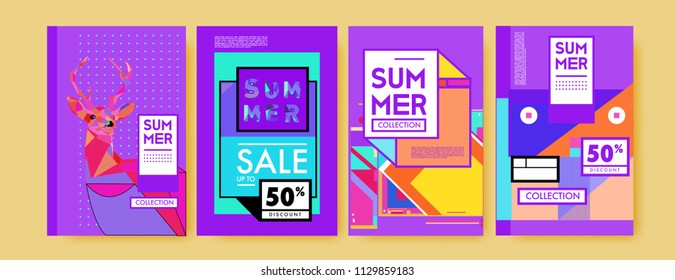 Summer colorful poster design template. Set of summer sale background and illustration. Minimalist design style for summer event poster and banner in eps10. 