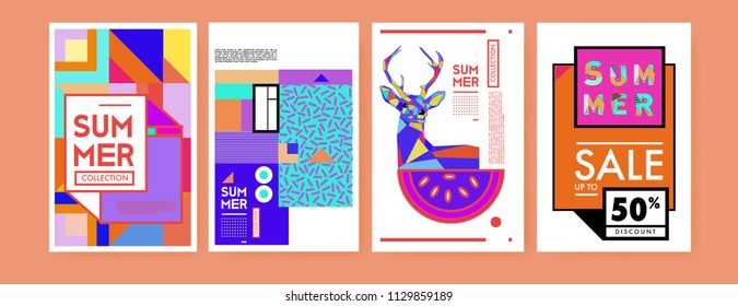 Summer colorful poster design template. Set of summer sale background and illustration. Minimalist design style for summer event poster and banner in eps10. 