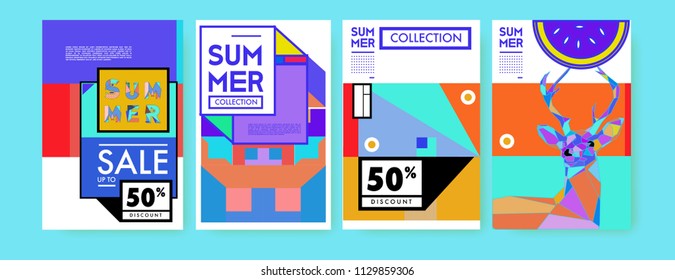 Summer colorful poster design template. Set of summer sale background and illustration. Minimalist design style for summer event poster and banner in eps10. 