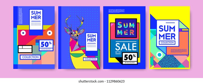 Summer colorful poster design template. Set of summer sale background and illustration. Minimalist design style for summer event poster and banner in eps10. 