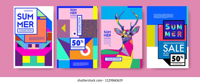 Summer colorful poster design template. Set of summer sale background and illustration. Minimalist design style for summer event poster and banner in eps10. 