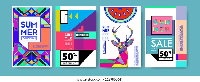 Summer colorful poster design template. Set of summer sale background and illustration. Minimalist design style for summer event poster and banner in eps10. 