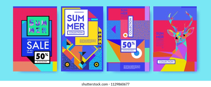 Summer colorful poster design template. Set of summer sale background and illustration. Minimalist design style for summer event poster and banner in eps10. 