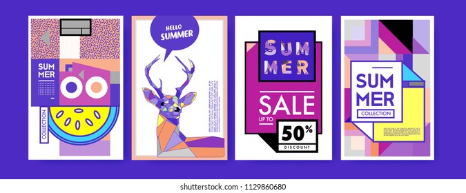 Summer colorful poster design template. Set of summer sale background and illustration. Minimalist design style for summer event poster and banner in eps10. 