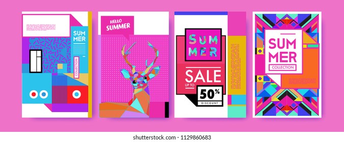 Summer colorful poster design template. Set of summer sale background and illustration. Minimalist design style for summer event poster and banner in eps10. 