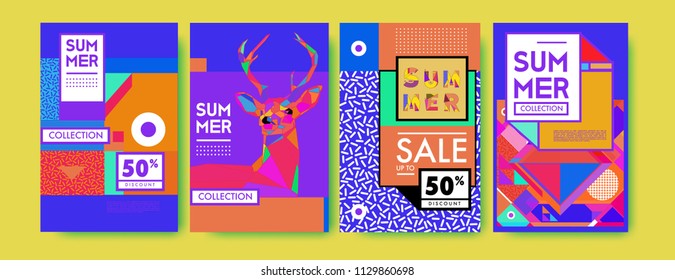 Summer colorful poster design template. Set of summer sale background and illustration. Minimalist design style for summer event poster and banner in eps10. 