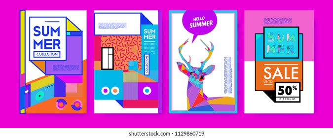 Summer colorful poster design template. Set of summer sale background and illustration. Minimalist design style for summer event poster and banner in eps10. 