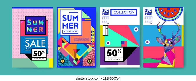Summer colorful poster design template. Set of summer sale background and illustration. Minimalist design style for summer event poster and banner in eps10. 