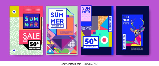 Summer colorful poster design template. Set of summer sale background and illustration. Minimalist design style for summer event poster and banner in eps10. 