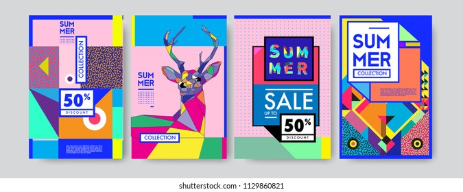 Summer colorful poster design template. Set of summer sale background and illustration. Minimalist design style for summer event poster and banner in eps10. 