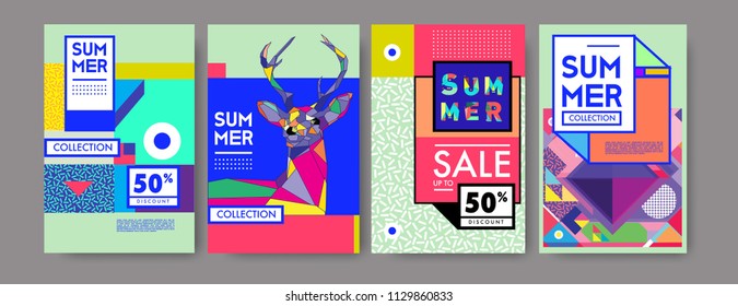 Summer colorful poster design template. Set of summer sale background and illustration. Minimalist design style for summer event poster and banner in eps10. 