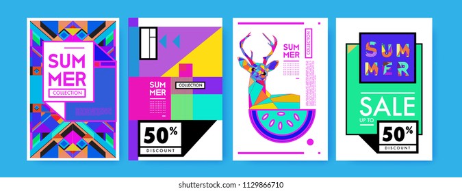 Summer colorful poster design template. Set of summer sale background and illustration. Minimalist design style for summer event poster and banner in eps10. 