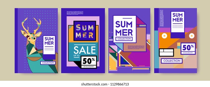 Summer colorful poster design template. Set of summer sale background and illustration. Minimalist design style for summer event poster and banner in eps10. 