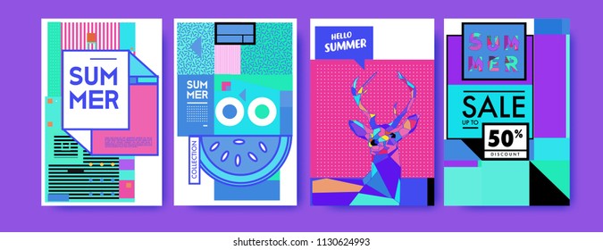 Summer colorful poster design template. Set of summer sale background and illustration. Minimalist design style for summer event poster and banner in eps10. 