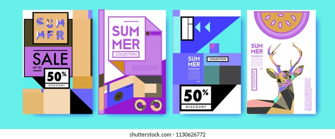 Summer colorful poster design template. Set of summer sale background and illustration. Minimalist design style for summer event poster and banner in eps10. 
