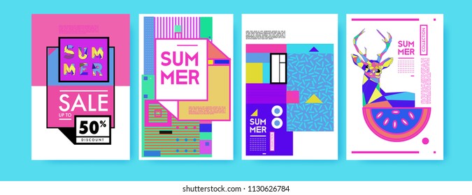 Summer colorful poster design template. Set of summer sale background and illustration. Minimalist design style for summer event poster and banner in eps10. 