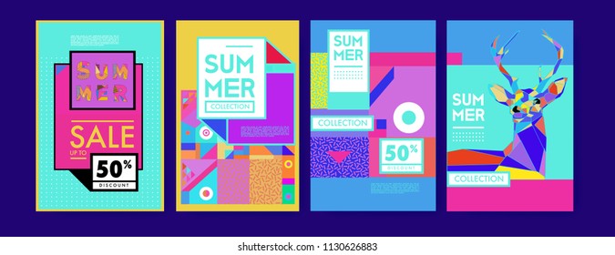 Summer colorful poster design template. Set of summer sale background and illustration. Minimalist design style for summer event poster and banner in eps10. 