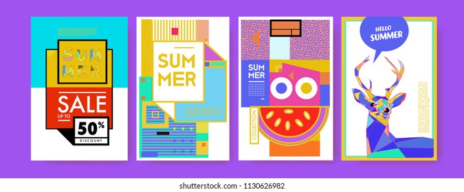 Summer colorful poster design template. Set of summer sale background and illustration. Minimalist design style for summer event poster and banner in eps10. 
