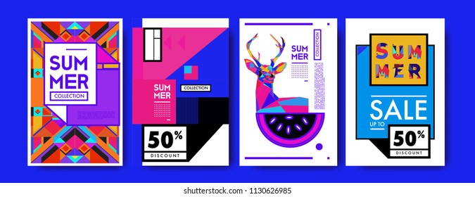 Summer colorful poster design template. Set of summer sale background and illustration. Minimalist design style for summer event poster and banner in eps10. 