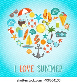 Summer colorful poster with headline I love summer and icon set on the marine theme situated in a heart shape vector illustration
