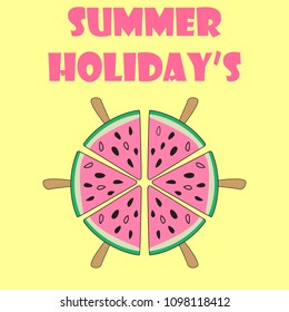 Summer colorful poster. Vector background with slices of watermelon ice cream on pastel yellow background. Summer holiday's handwritten text.