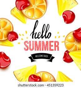 Summer colorful poster. Vector background with fruits. Hello summer handwritten text.