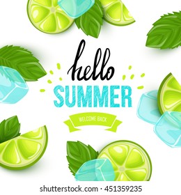 Summer colorful poster. Vector background with fruits. Hello summer handwritten text.