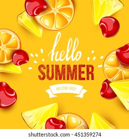 Summer colorful poster. Vector background with fruits. Hello summer handwritten text.