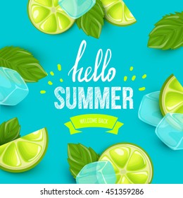 Summer colorful poster. Vector background with fruits. Hello summer handwritten text.