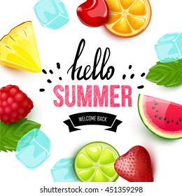 Summer colorful poster. Vector background with fruits. Hello summer handwritten text.