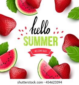 Summer colorful poster. Vector background with fruits. Hello summer handwritten text.