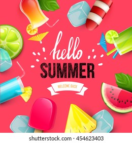 Summer colorful poster. Vector background with fruits. Hello summer handwritten text.