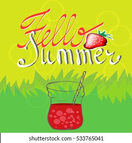 Summer colorful poster. Vector background with fruits. Hello summer handwritten text.