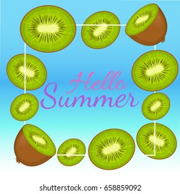 Summer colorful poster. Vector background with fruits. Hello summer handwritten text.