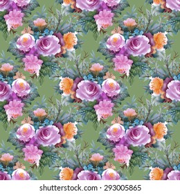 Summer Colorful roses floral watercolor Seamless pattern on green background vector illustration