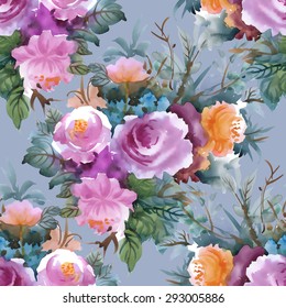 Summer Colorful roses floral watercolor Seamless pattern on blue background vector illustration