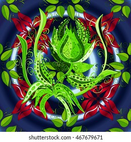 Summer colorful round pattern with green tropical plants and red flowers, vector illustration