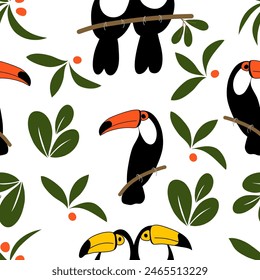 Summer colorful seamless pattern with exotic toucan birds. A hand-drawn vector background. For postcards, invitations, textile decor, packaging, wallpaper, social media, wrapping paper, cover, web.