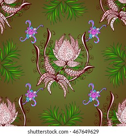 Summer colorful seamless pattern with green tropical plants and pink flowers, vector illustration