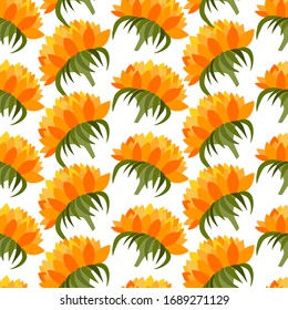 Summer colorful seamless pattern with orange sunflowers on white background. Cartoon style. Design for fabric, textile, posters, card, paper. Beauty flowers. Vector illustration.