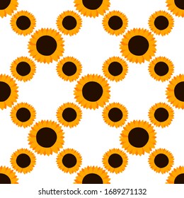 Summer colorful seamless pattern with orange sunflowers on white background. Cartoon style. Design for fabric, textile, posters, card, paper. Beauty flowers. Vector illustration.