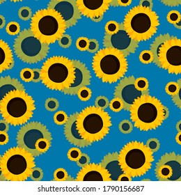 Summer colorful seamless pattern with orange sunflowers on blue background. Cartoon style. Design for fabric, textile, posters, card, paper. Beauty flowers. Vector illustration.