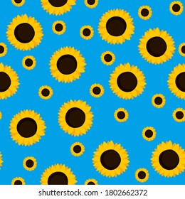 Sommerfarbiges nahtloses Muster mit orangefarbenen Sonnenblumen auf blauem Hintergrund. Cartoon-Stil. Design für Gewebe, Textilien, Plakate, Karte, Papier. Schöne Blumen. Vektorgrafik.