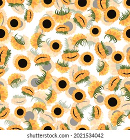 Summer colorful seamless pattern with orange sunflowers on white background. Cartoon style. Design for fabric, textile, posters, card, paper. Flowers with leaves. Vector illustration.