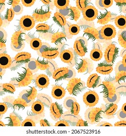 Summer colorful seamless pattern with orange sunflowers on white background. Cartoon style. Design for fabric, textile, posters, card, paper. Flowers with leaves. Vector illustration.