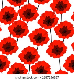 Summer colorful seamless pattern with red poppies on white background. Cartoon style. Design for fabric, textile, posters, card, paper. Flat poppy flowers. Vector illustration.