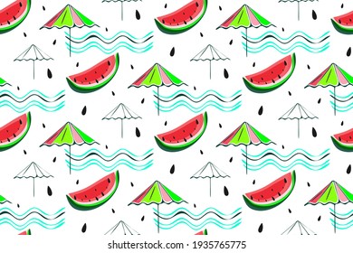Summer colorful seamless pattern, sea wave doodle ink line, transparent effect watermelon, umbrella, bright green, red pink color palette.Transparent white background, cute fun vector illustration