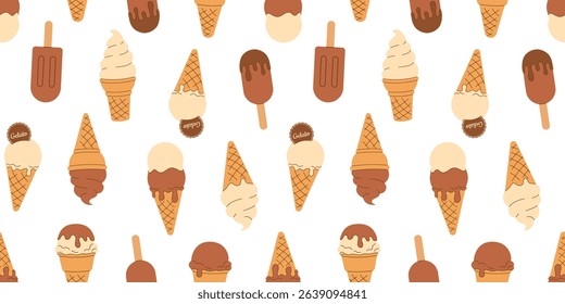 Summer colorful seamless pattern soft vanilla, chocolate ice cream, gelato in waffle cone, scoop in paper cup on white background. Wallpaper Ice Cream Day. Hand drawn Flat Vector illustration EPS10