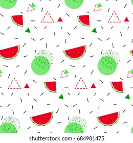 Summer colorful seamless pattern. Stylized memphis pattern with watermelons and abstract geometric shapes on white background.